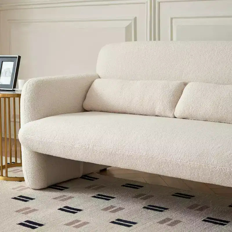 Canapé moderne en tissu d'agneau, structure en bois massif, coussin décoratif inclus