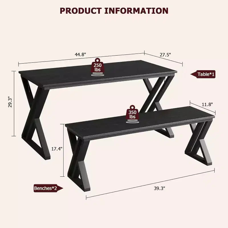 Table de cuisine rectangulaire avec cadre métallique robuste, table de salle à manger avec bancs