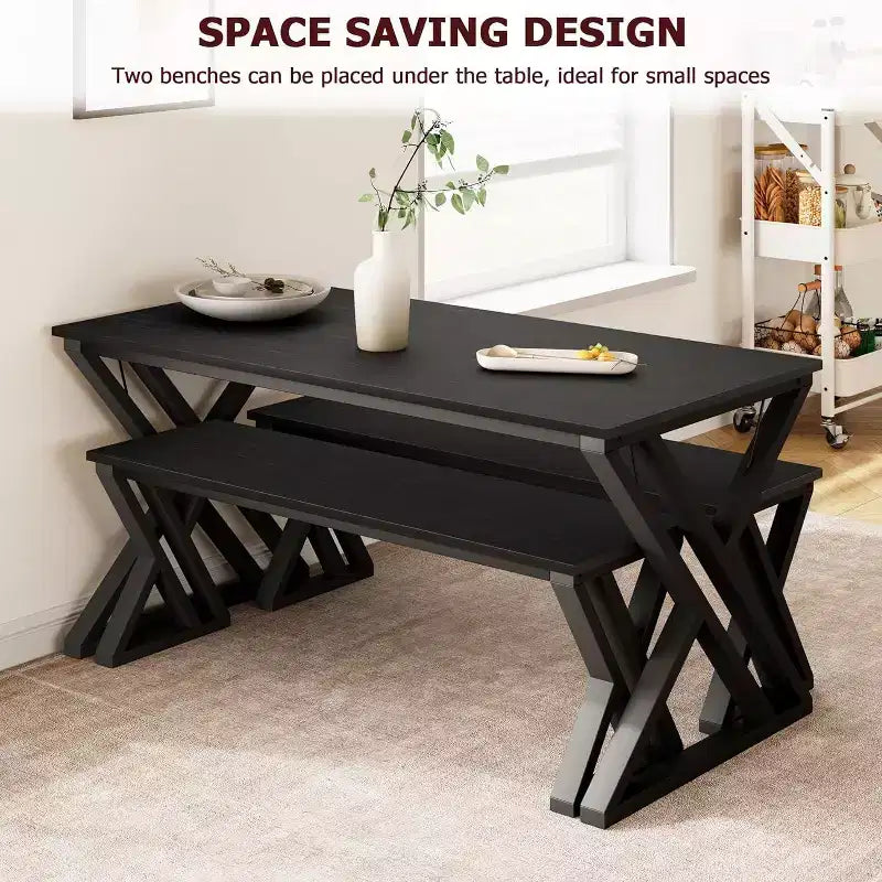 Table de cuisine rectangulaire avec cadre métallique robuste, table de salle à manger avec bancs