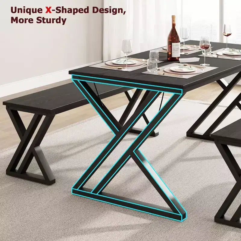 Table de cuisine rectangulaire avec cadre métallique robuste, table de salle à manger avec bancs