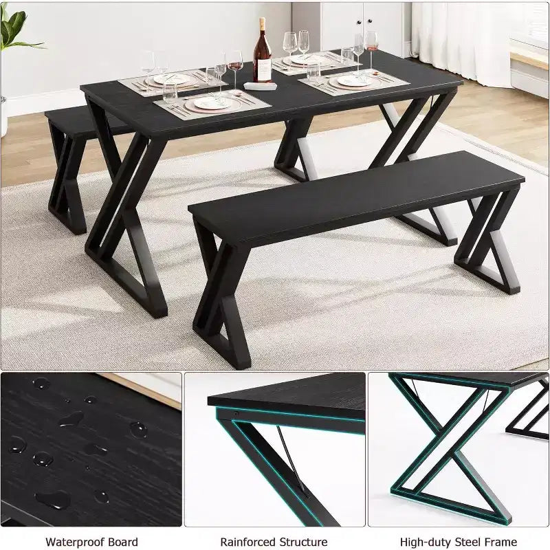 Table de cuisine rectangulaire avec cadre métallique robuste, table de salle à manger avec bancs