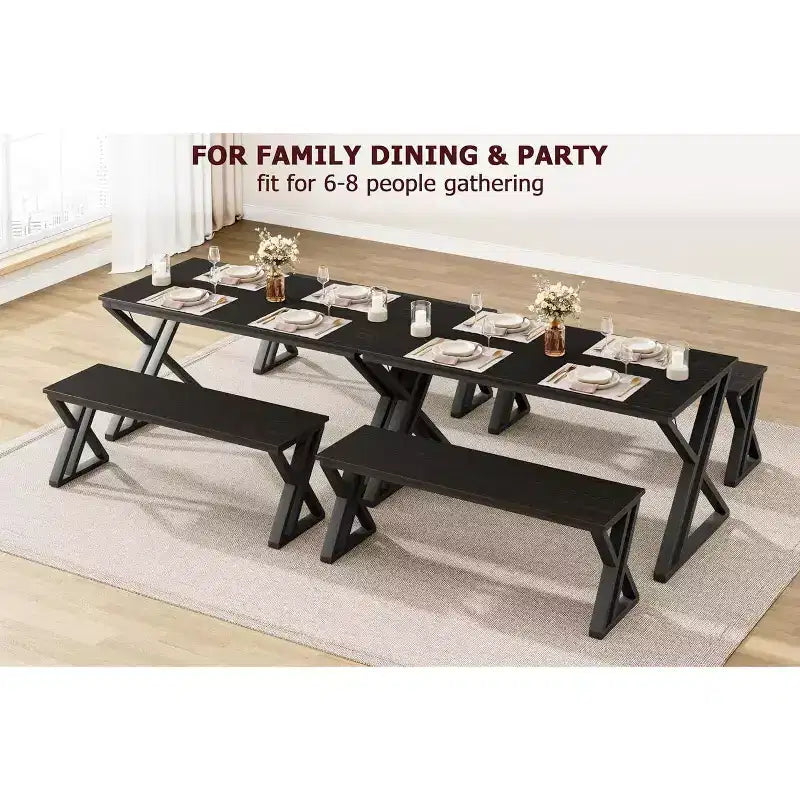 Table de cuisine rectangulaire avec cadre métallique robuste, table de salle à manger avec bancs