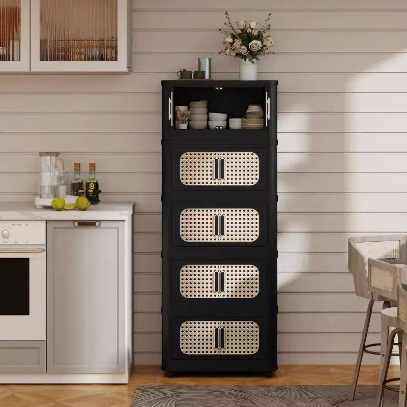 Meuble de rangement pliable en plastique à 5 niveaux avec porte magnétique et roulettes