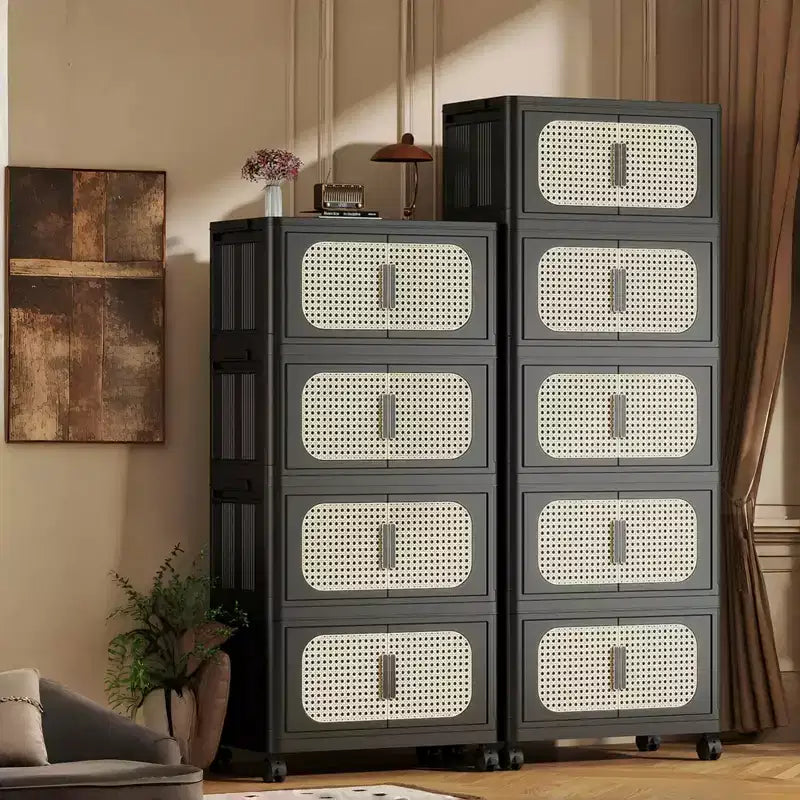Meuble de rangement pliable en plastique à 5 niveaux avec porte magnétique et roulettes