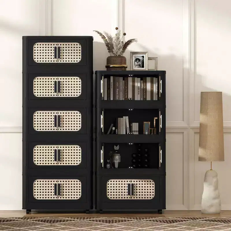 Meuble de rangement pliable en plastique à 5 niveaux avec porte magnétique et roulettes