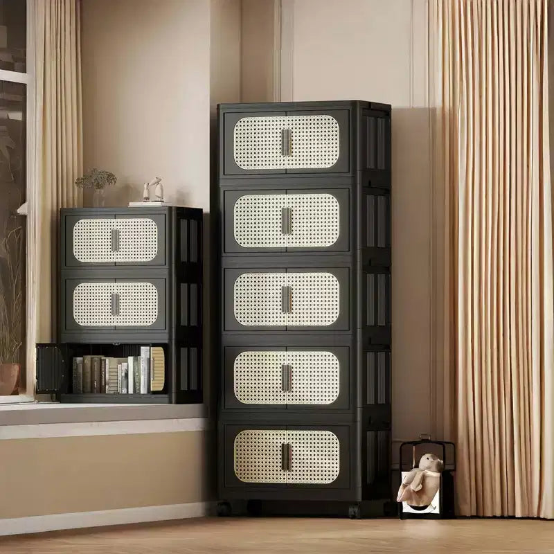 Meuble de rangement pliable en plastique à 5 niveaux avec porte magnétique et roulettes