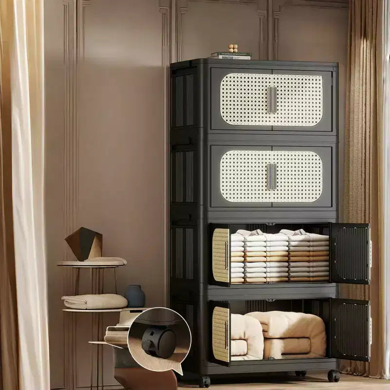 Meuble de rangement pliable en plastique à 5 niveaux avec porte magnétique et roulettes