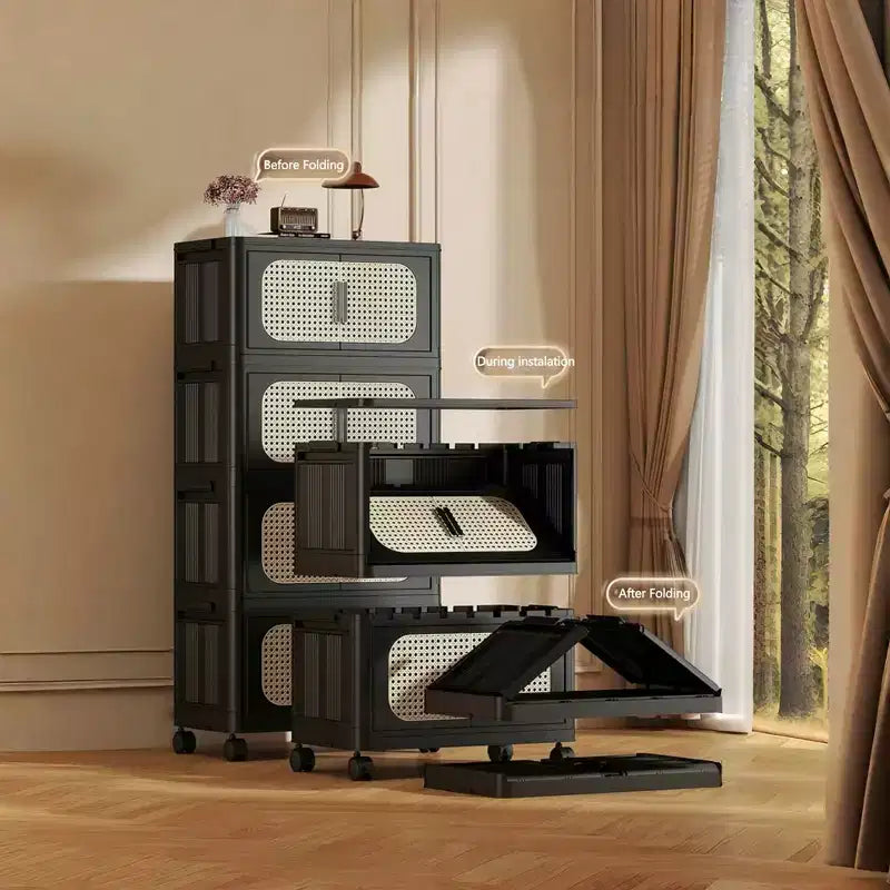 Meuble de rangement pliable en plastique à 5 niveaux avec porte magnétique et roulettes