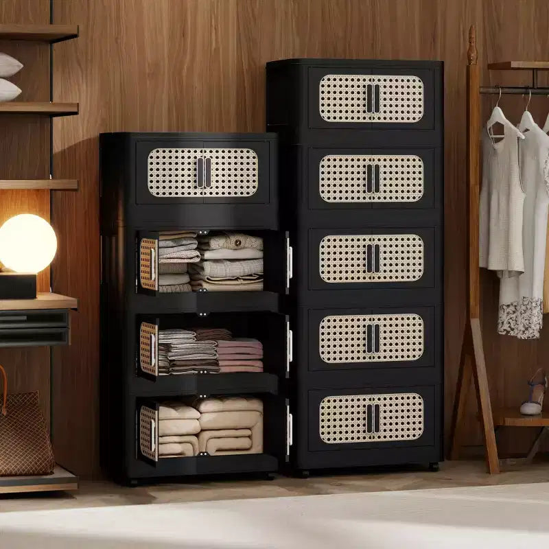 Meuble de rangement pliable en plastique à 5 niveaux avec porte magnétique et roulettes