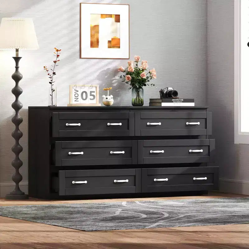 Commode moderne à 6 tiroirs en bois avec poignée en métal