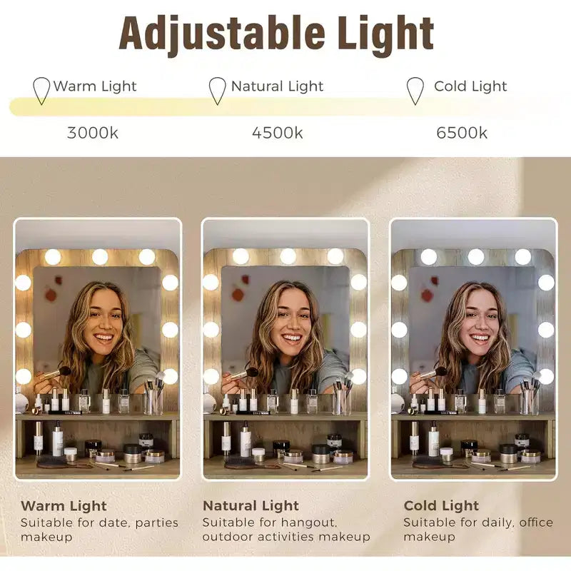 Coiffeuse de maquillage avec miroir, lumières dimmables et 2 tiroirs de rangement