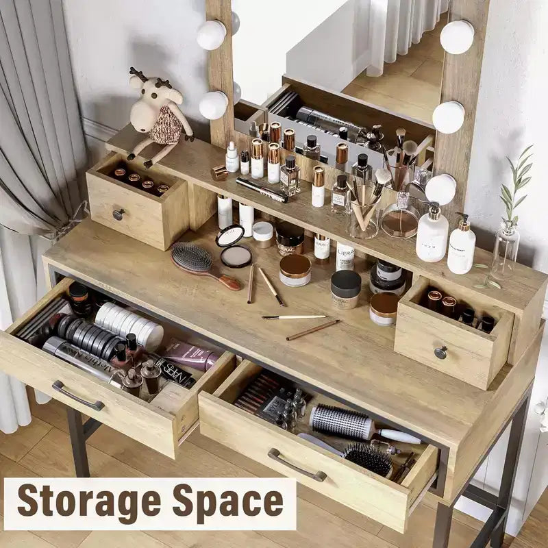 Coiffeuse de maquillage avec miroir, lumières dimmables et 2 tiroirs de rangement