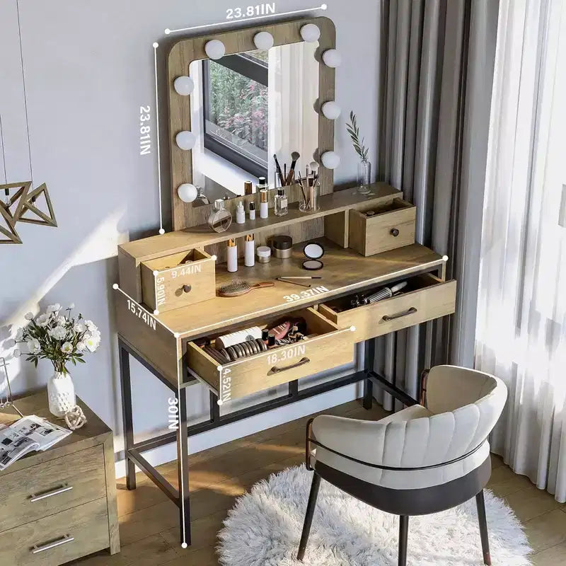 Coiffeuse de maquillage avec miroir, lumières dimmables et 2 tiroirs de rangement