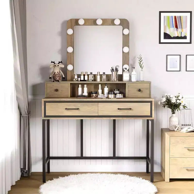 Coiffeuse de maquillage avec miroir, lumières dimmables et 2 tiroirs de rangement