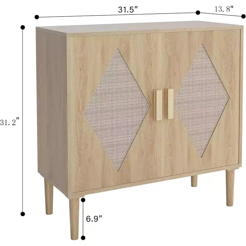 Meuble Buffet, Armoire de Rangement avec 2 Portes Décorées en Rotin