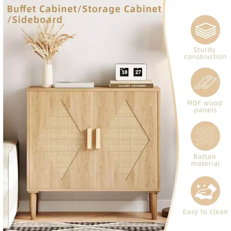 Meuble Buffet, Armoire de Rangement avec 2 Portes Décorées en Rotin