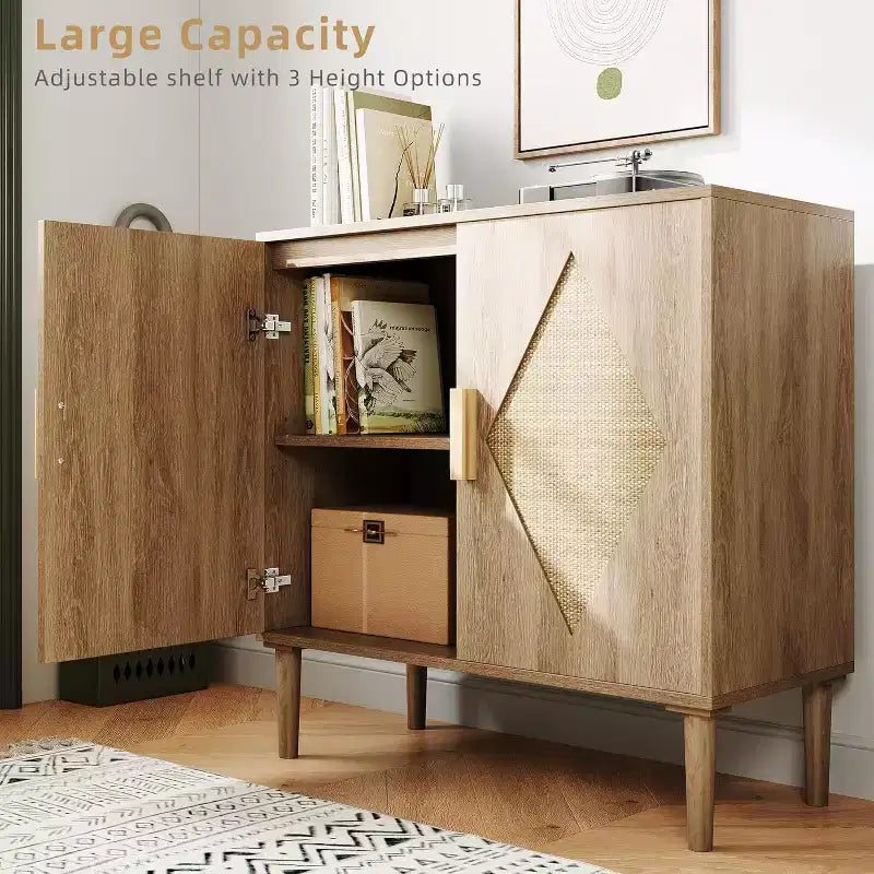 Meuble Buffet, Armoire de Rangement avec 2 Portes Décorées en Rotin