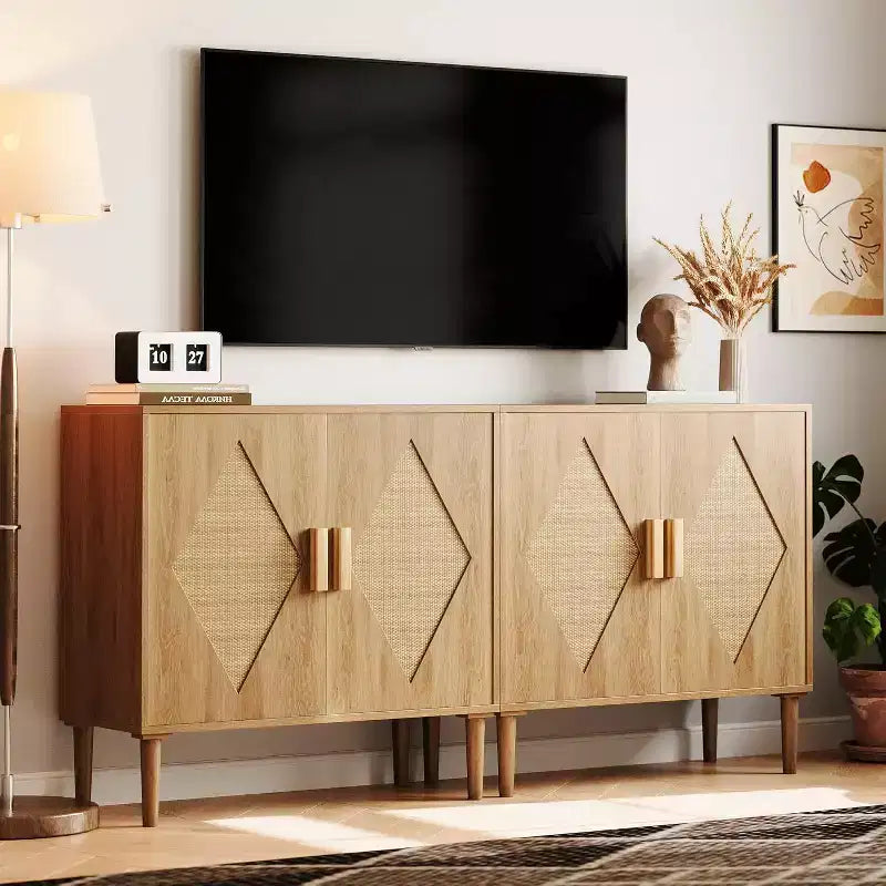 Meuble Buffet, Armoire de Rangement avec 2 Portes Décorées en Rotin