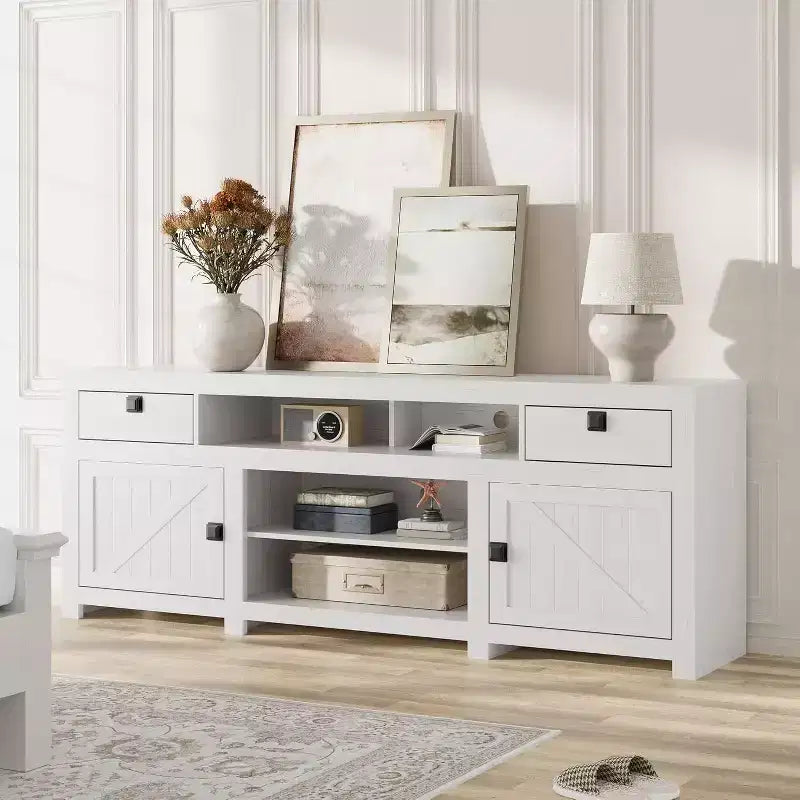 Meuble TV de style rustique avec 4 tiroirs de rangement et 3 étagères ouvertes