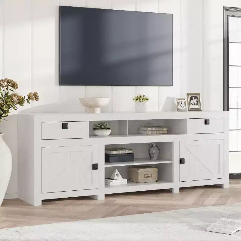 Meuble TV de style rustique avec 4 tiroirs de rangement et 3 étagères ouvertes