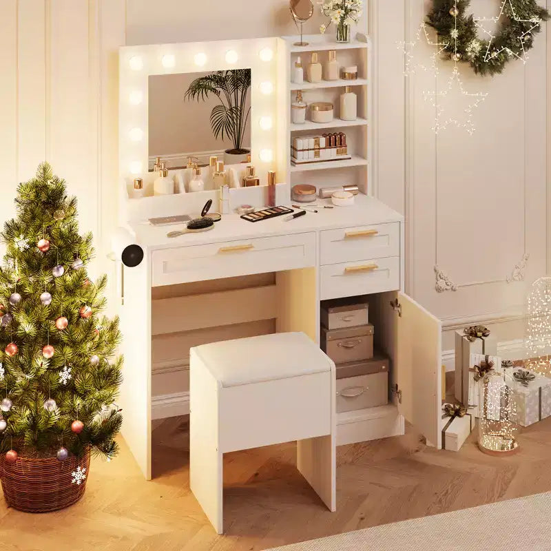 Coiffeuse avec miroir, coiffeuse de maquillage avec chaise, 3 modes d'éclairage et luminosité réglable