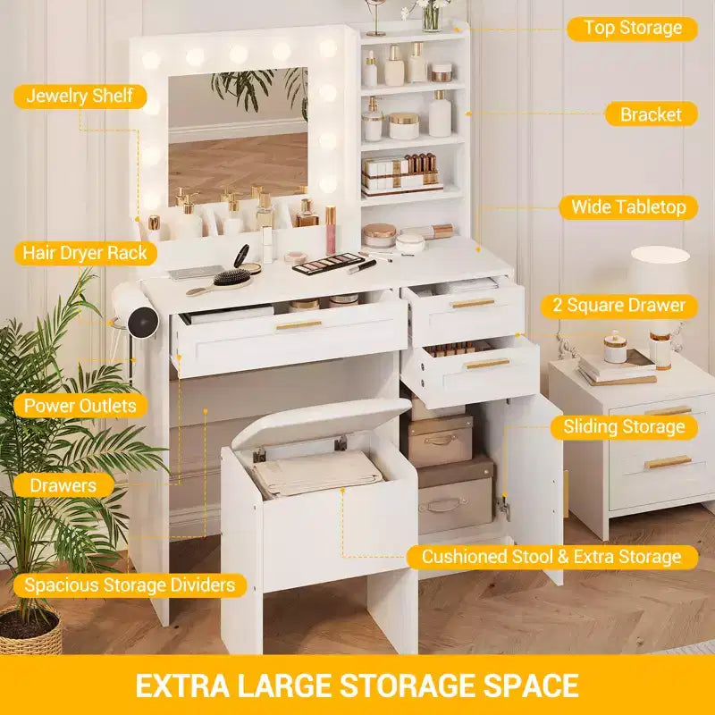 Coiffeuse avec miroir, coiffeuse de maquillage avec chaise, 3 modes d'éclairage et luminosité réglable