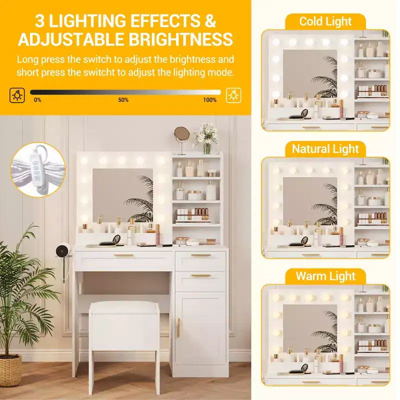 Coiffeuse avec miroir, coiffeuse de maquillage avec chaise, 3 modes d'éclairage et luminosité réglable