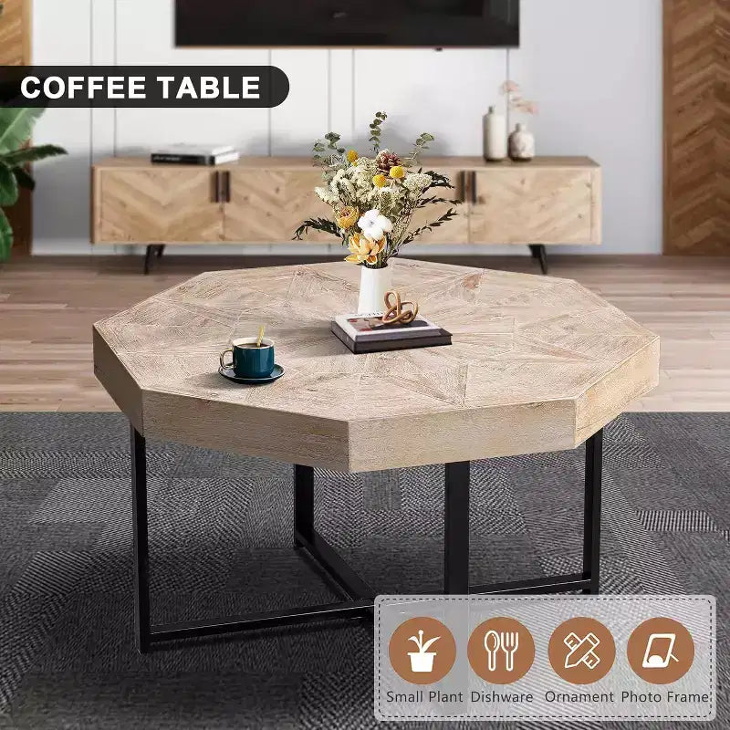 Table basse, Table d'appoint de ferme vintage en patchwork, Table d'appoint octogonale en bois