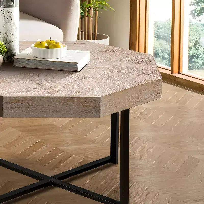 Table basse, Table d'appoint de ferme vintage en patchwork, Table d'appoint octogonale en bois