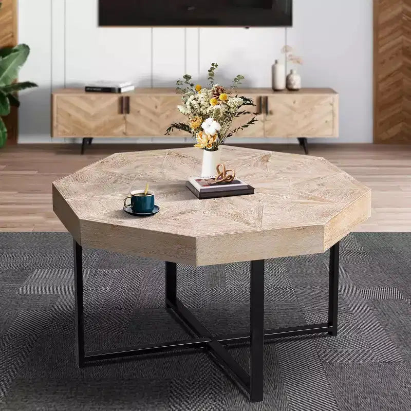 Table basse, Table d'appoint de ferme vintage en patchwork, Table d'appoint octogonale en bois