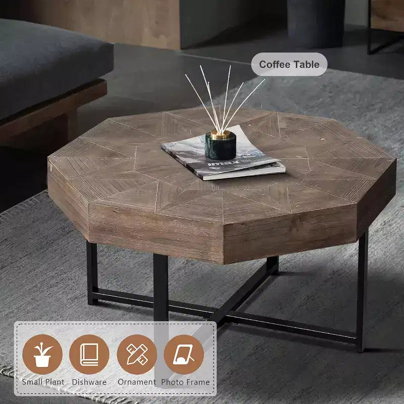 Table basse, Table d'appoint de ferme vintage en patchwork, Table d'appoint octogonale en bois