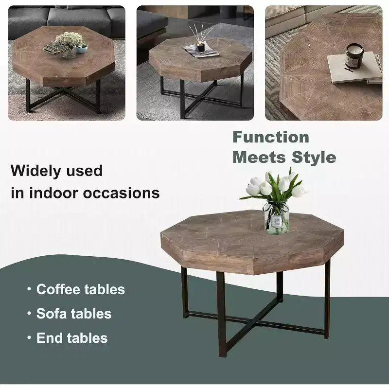 Table basse, Table d'appoint de ferme vintage en patchwork, Table d'appoint octogonale en bois