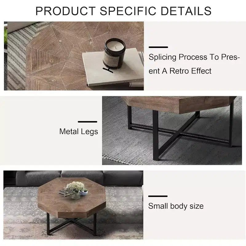 Table basse, Table d'appoint de ferme vintage en patchwork, Table d'appoint octogonale en bois