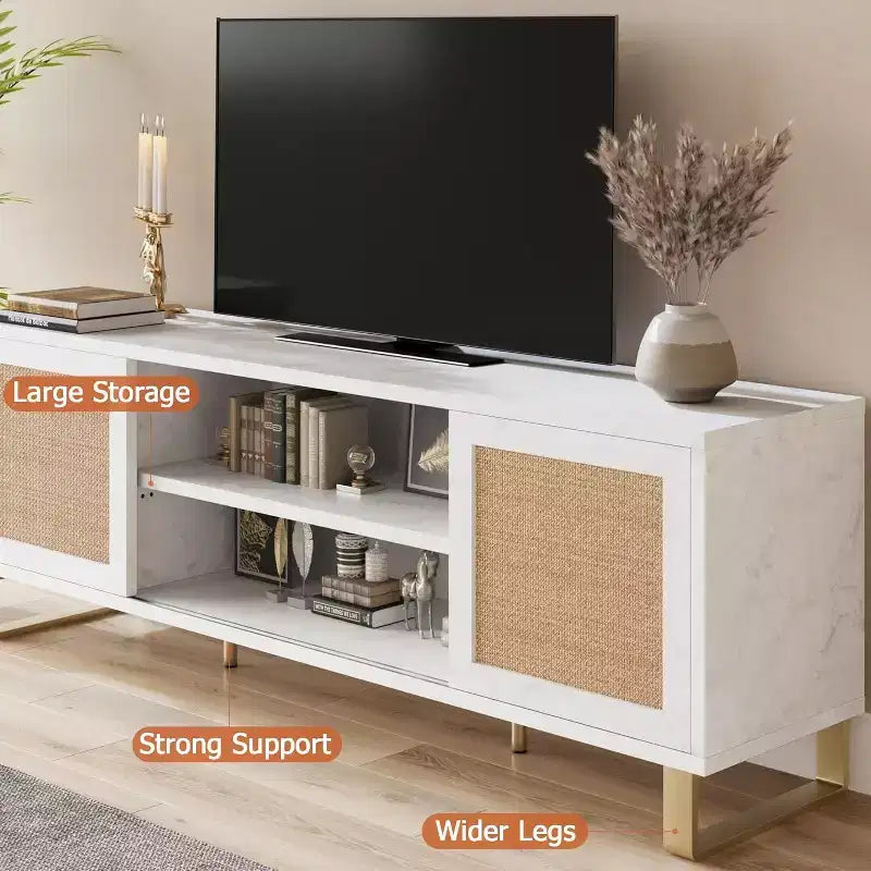 Meuble TV moderne en rotin et finition marbre