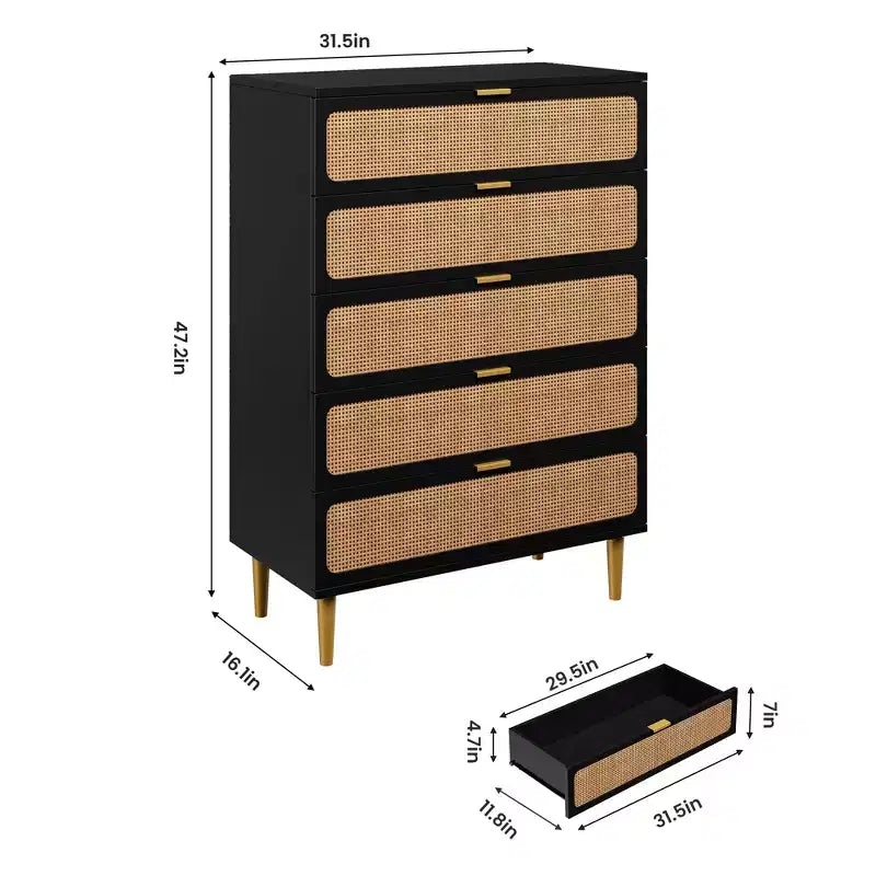 Commode haute à 5 tiroirs en rotin avec large plateau et tiroirs profonds
