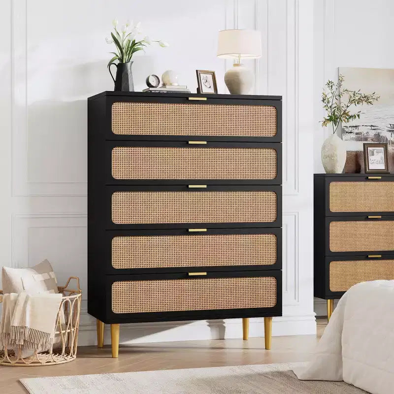 Commode haute à 5 tiroirs en rotin avec large plateau et tiroirs profonds