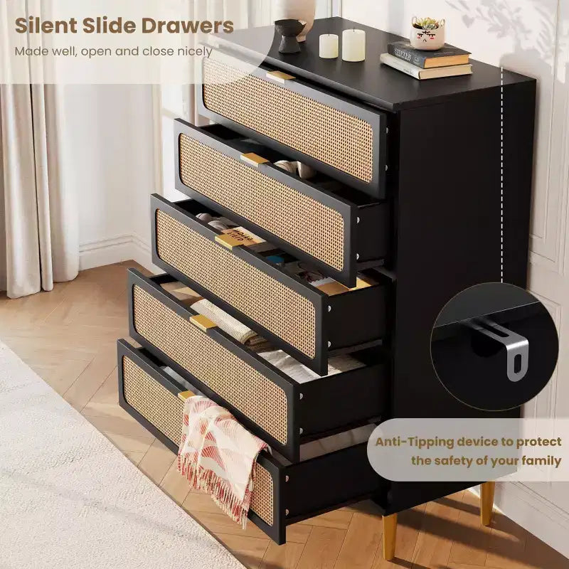Commode haute à 5 tiroirs en rotin avec large plateau et tiroirs profonds