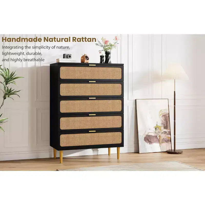 Commode haute à 5 tiroirs en rotin avec large plateau et tiroirs profonds