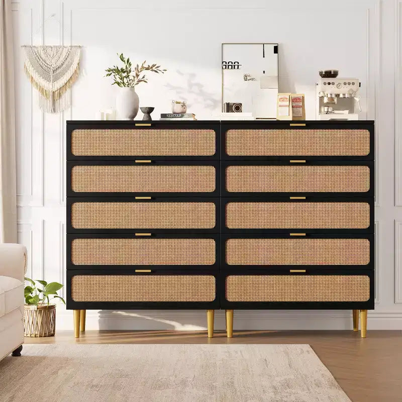 Commode haute à 5 tiroirs en rotin avec large plateau et tiroirs profonds