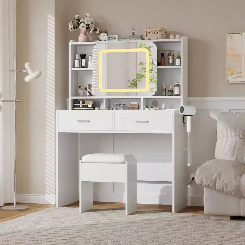 Coiffeuse avec miroir coulissant, coiffeuse et tabouret avec lumières 3 couleurs, coiffeuse pour filles
