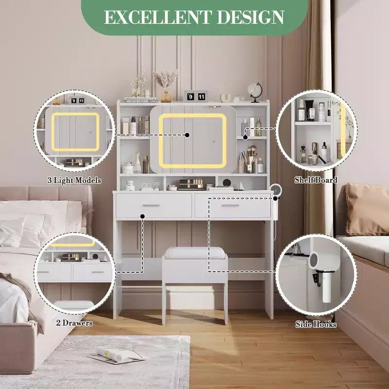 Coiffeuse avec miroir coulissant, coiffeuse et tabouret avec lumières 3 couleurs, coiffeuse pour filles