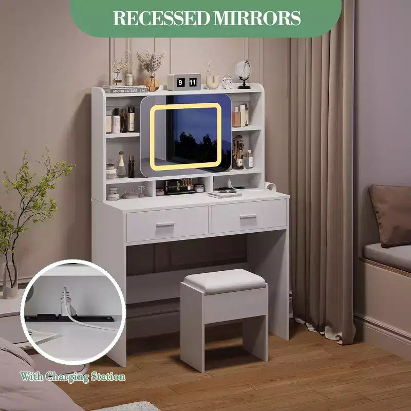 Coiffeuse avec miroir coulissant, coiffeuse et tabouret avec lumières 3 couleurs, coiffeuse pour filles