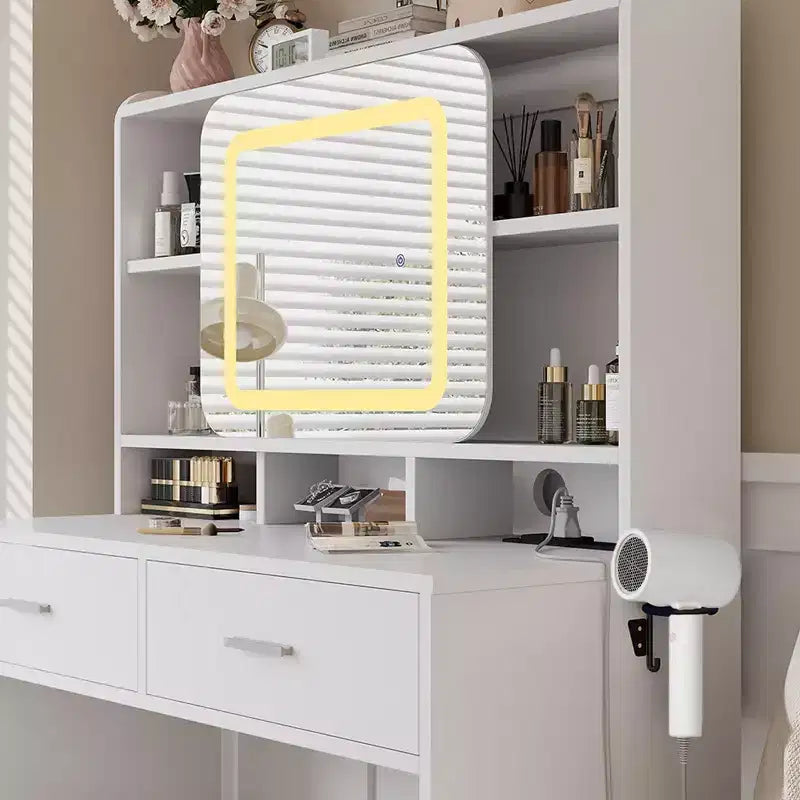 Coiffeuse avec miroir coulissant, coiffeuse et tabouret avec lumières 3 couleurs, coiffeuse pour filles