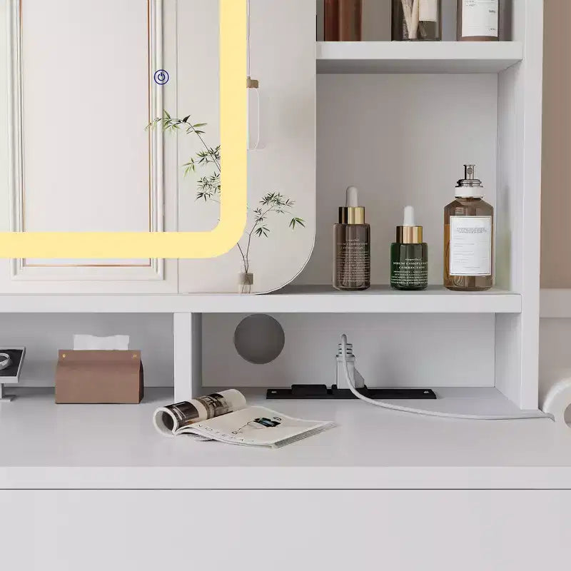 Coiffeuse avec miroir coulissant, coiffeuse et tabouret avec lumières 3 couleurs, coiffeuse pour filles
