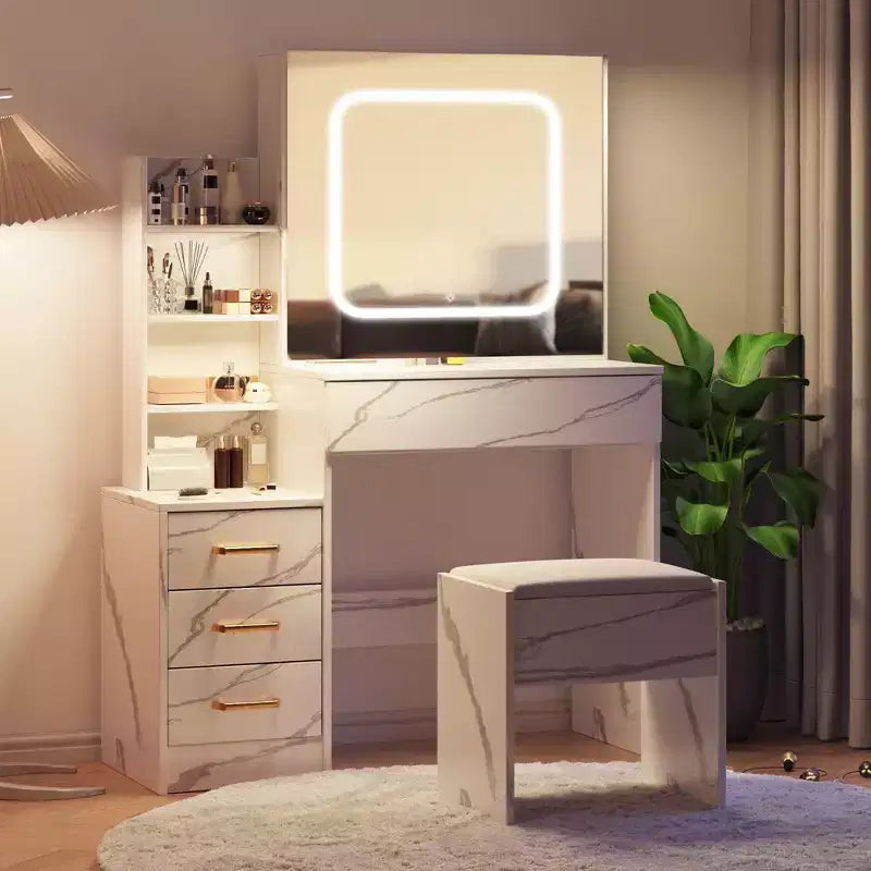 Coiffeuse avec lumières LED, Coiffeuse de maquillage avec miroir coulissant éclairé