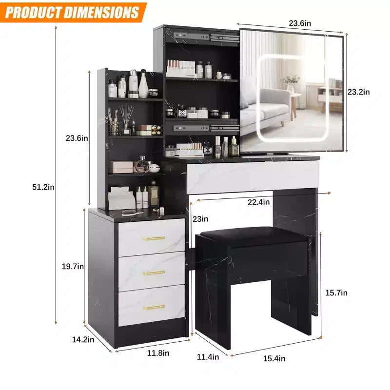 Coiffeuse avec lumières LED, Coiffeuse de maquillage avec miroir coulissant éclairé