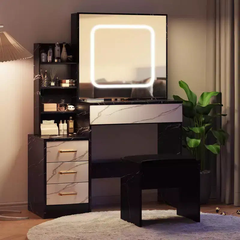 Coiffeuse avec lumières LED, Coiffeuse de maquillage avec miroir coulissant éclairé