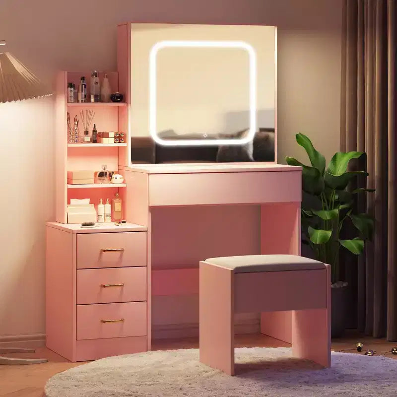 Coiffeuse avec lumières LED, Coiffeuse de maquillage avec miroir coulissant éclairé