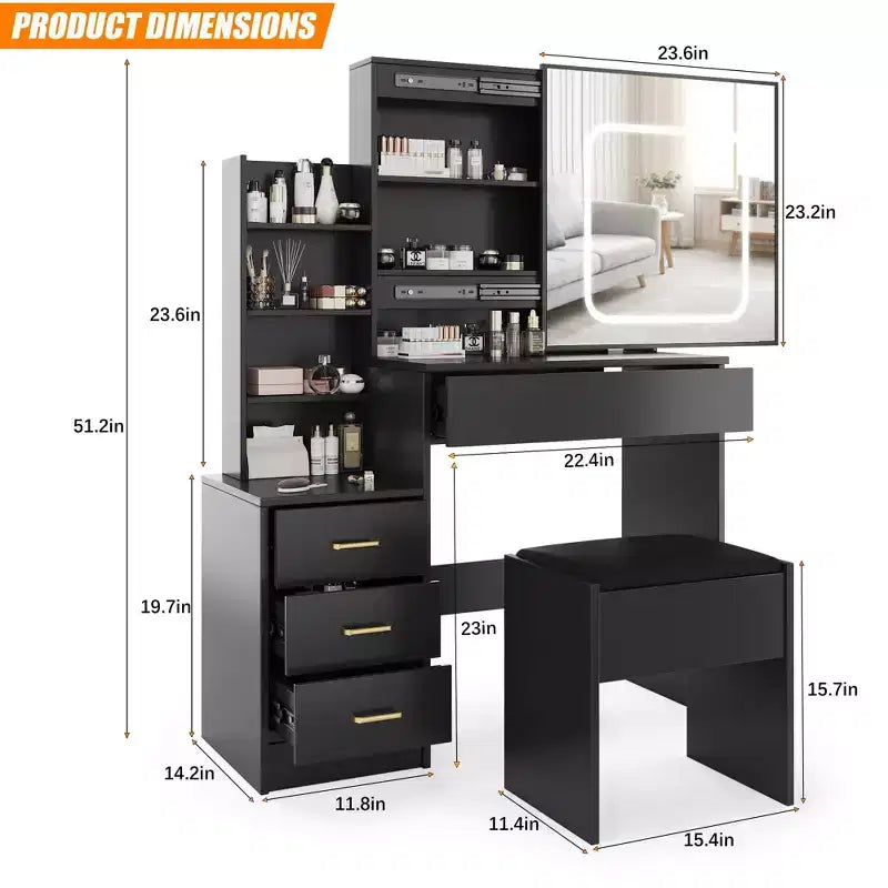 Coiffeuse avec lumières LED, Coiffeuse de maquillage avec miroir coulissant éclairé