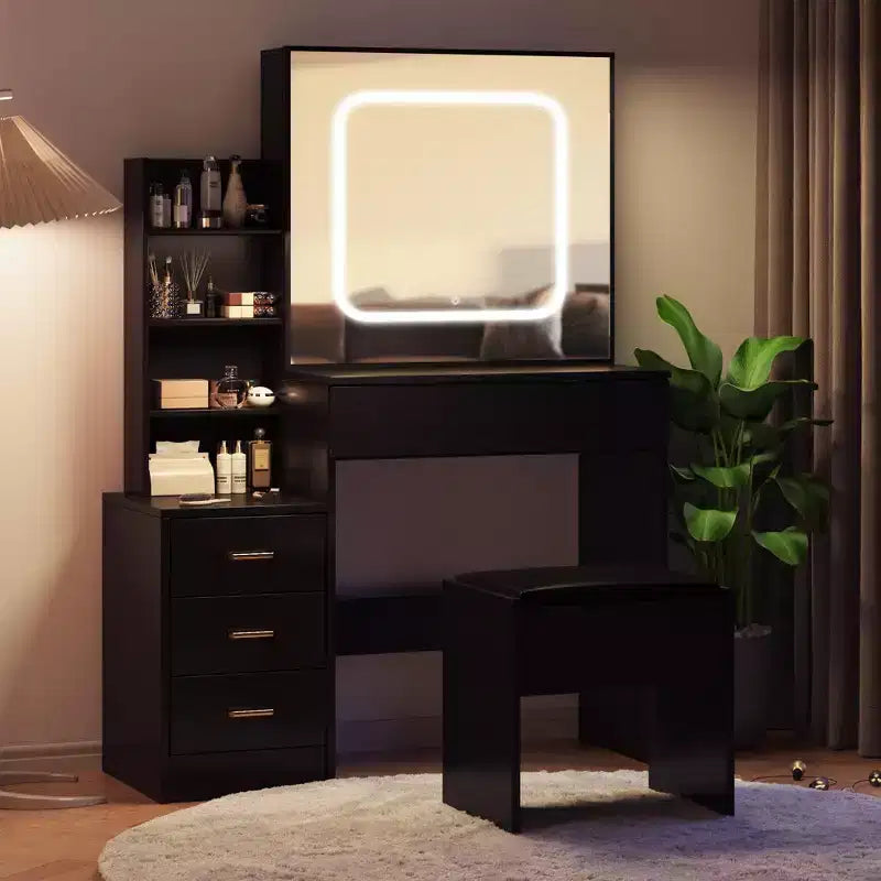 Coiffeuse avec lumières LED, Coiffeuse de maquillage avec miroir coulissant éclairé